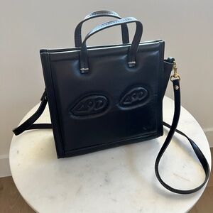 Clare V Petite Simple Black Leather Square Tote with Shoulder Bag